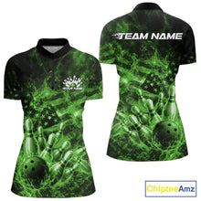Load image into Gallery viewer, Custom Green Fire Patriotic Bowling Women Shirt, American Flag Flame Bowling Jersey IPHW11111