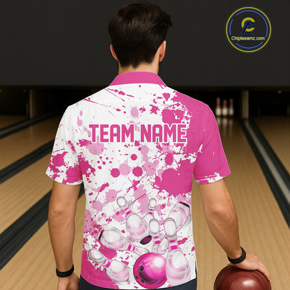 Custom Pink Bowling Hawaiian Shirts For Men, Splatter Bowling Team Jerseys With Name IPHW7052