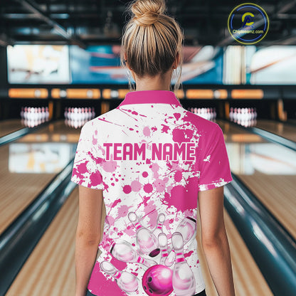 Custom Pink Bowling Polo Shirts For Women, Bowling Team Shirts Bowling Jerseys With Name IPHW7052