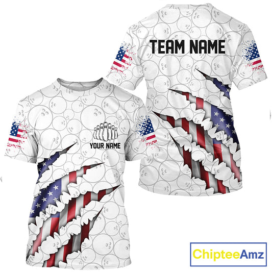 Custom Patriotic Bowling T Shirts For Men And Women, American Flag Usa Bowling League Shirts IPHW5523