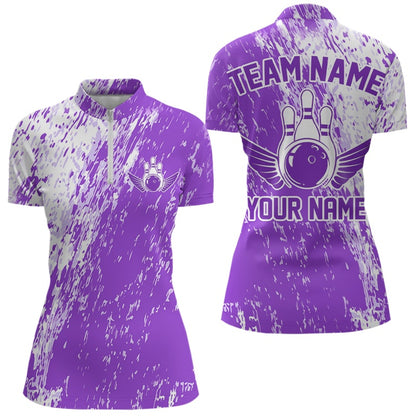 Personalized White And Purple Bowling Women Quarter-Zip Shirt, Bowling Tournament Outfits IPHW8744