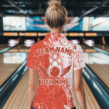 Custom White And Orange Bowling Quarter-Zip Shirts For Women, Bowling Tournament Outfits IPHW8745