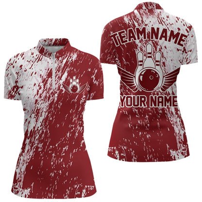 Custom White And Brick Red Bowling Quarter-Zip Shirts For Women, Bowling Tournament Outfits IPHW8746
