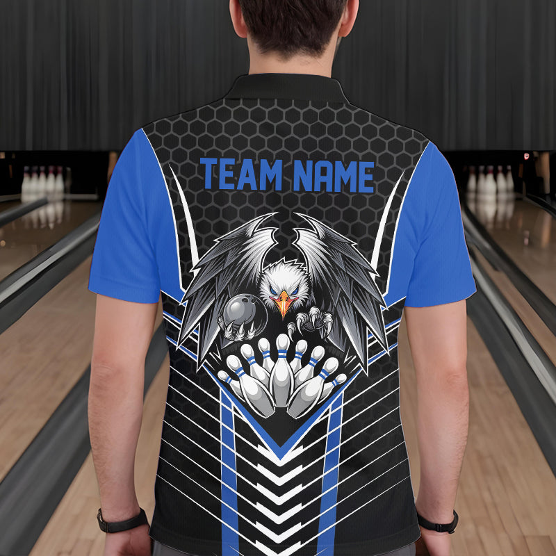 Custom Black And Blue Eagle Bowling Jerseys, Bowling Team Men Polo Shirts Bowlers Outfits IPHW8750
