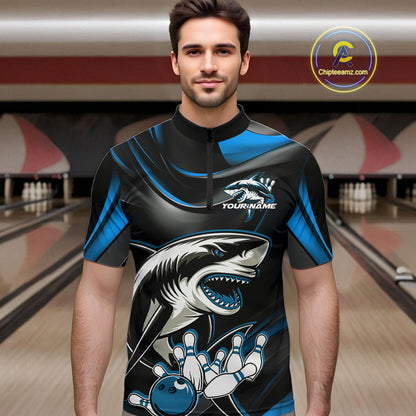 Custom Black And Blue Shark Bowling Team Quarter-Zip Shirts For Men, Bowling League Shirt IPHW9003