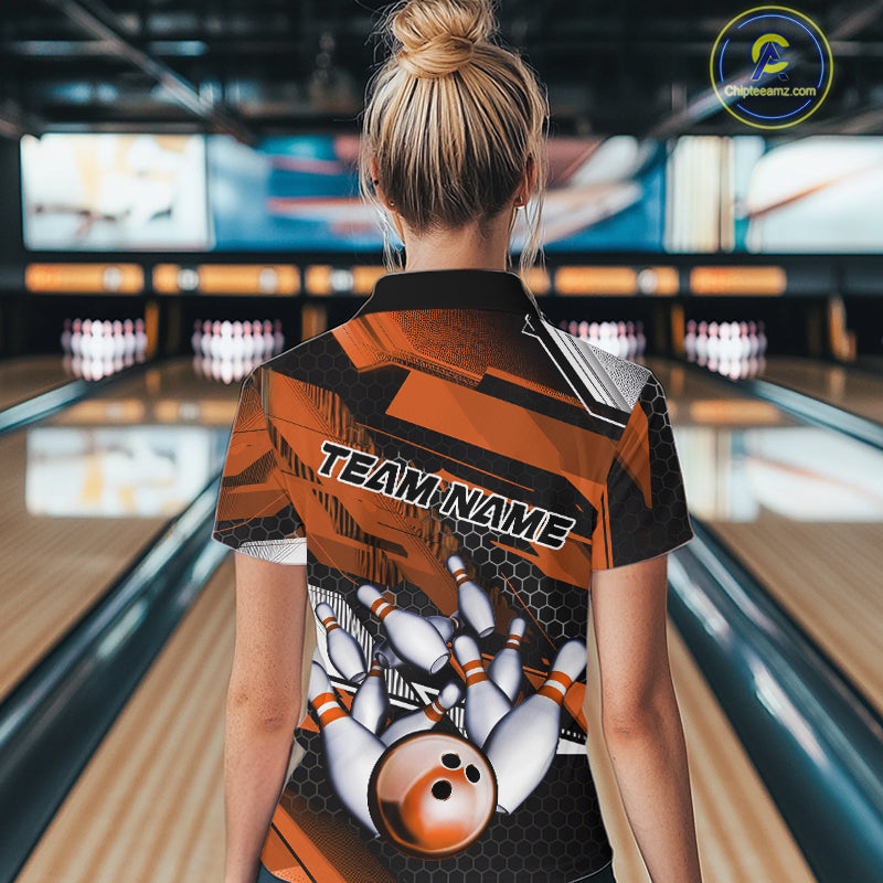 Custom Black And Orange Hexagon Pattern Bowling Women Quarter-Zip Shirts, Team Uniform IPHW9421