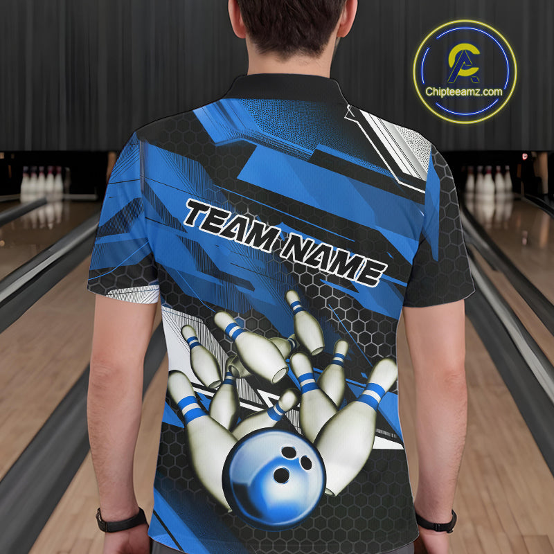 Custom Black And Blue Hexagon Pattern Bowling Polo Shirts For Men, Bowling Team Uniform IPHW9422
