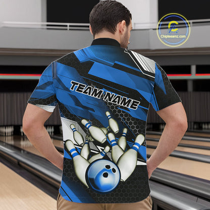 Custom Black And Blue Hexagon Pattern Bowling Quarter-Zip Shirts For Men, Bowling Team Uniform IPHW9422