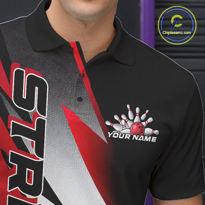 Custom Black And Red Strike Bowling Polo Shirts For Men, Bowling Team Uniform IPHW9423