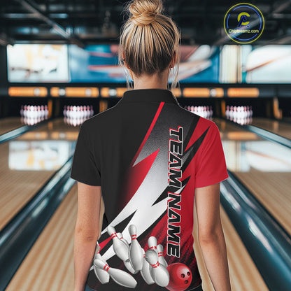 Custom Black And Red Strike Bowling Polo Shirts For Women, Bowling Team Uniform IPHW9423