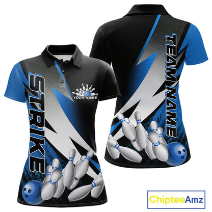 Custom Black And Blue Strike Bowling Polo Shirts For Women, Bowling Team Uniform IPHW9425