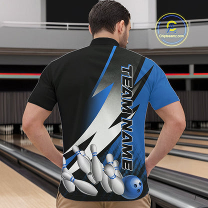 Custom Black And Blue Strike Bowling Quarter-Zip Shirts For Men, Bowling Team Uniform IPHW9425