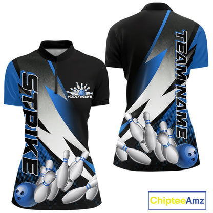 Custom Black And Blue Strike Bowling Women Quarter-Zip Shirts, Bowling Team Uniform IPHW9425
