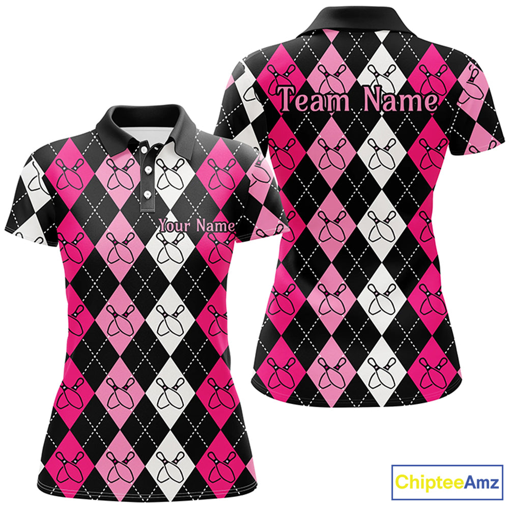 Pink Argyle Pattern Bowling Shirts For Women, Custom Bowling Uniforms IPHW7305