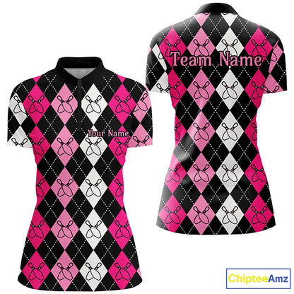 Pink Argyle Pattern Bowling Shirts For Women, Custom Bowling Uniforms IPHW7305