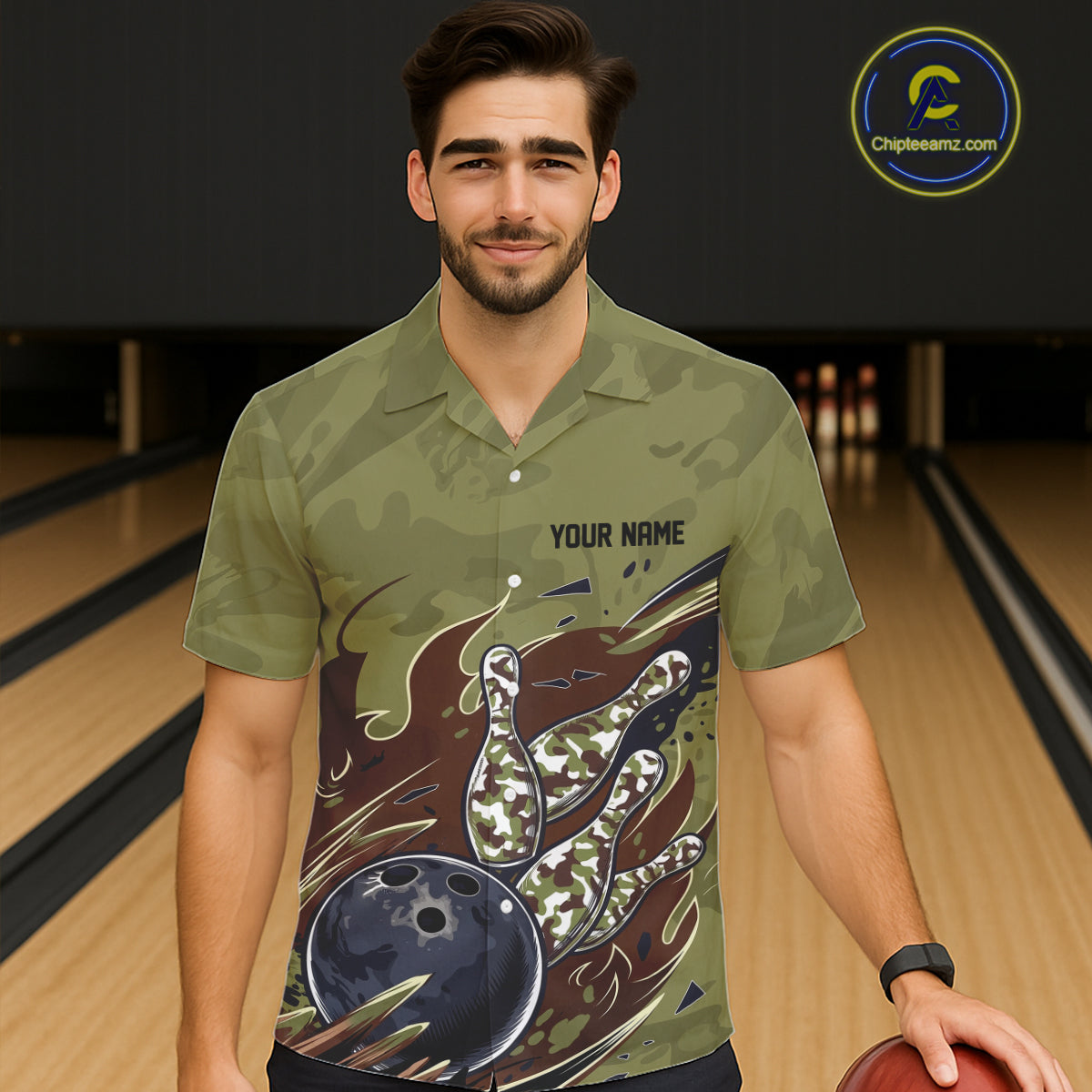 Custom Military Camo Men And Women Bowling Shirt, Patriotic Veteran Flame Camouflage Team Shirt IPHW8038