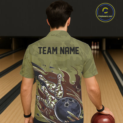 Custom Military Camo Men And Women Bowling Shirt, Patriotic Veteran Flame Camouflage Team Shirt IPHW8038