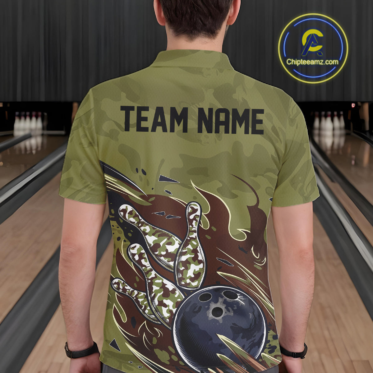 Custom Military Camo Bowling Polo Shirts For Men, Patriotic Veteran Bowling Team Shirt IPHW8038