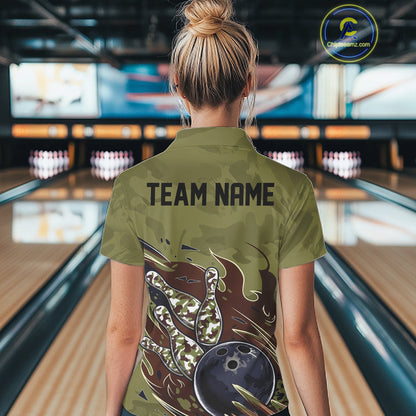 Custom Military Camo Bowling Polo Shirts For Women, Patriotic Veteran Bowling Team Shirt IPHW8038