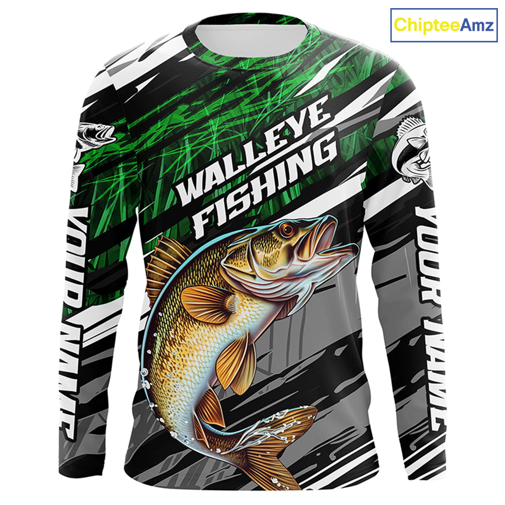 Walleye Fishing Camo Long Sleeve Fishing Shirts, Custom Walleye Tournament Fishing Jerseys | Green IPHW5956