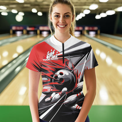 Custom Black And Red Striking Bowling Womens Quarter-Zip Shirts, Team Bowlers Outfits IPHW8766