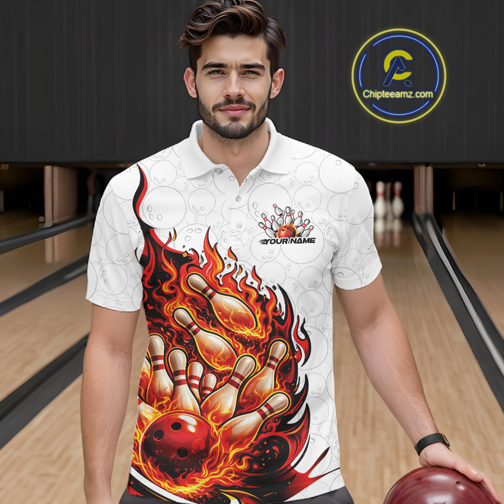 Male model wearing a white and red bowling polo at a bowling alley with fiery bowling graphics and pin artwork.