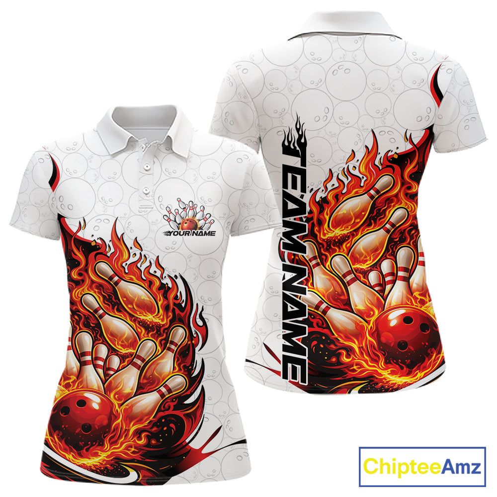 Front and back view women’s polo shirt mockup featuring flaming bowling ball crashing into pins fiery style design on white and red fabric