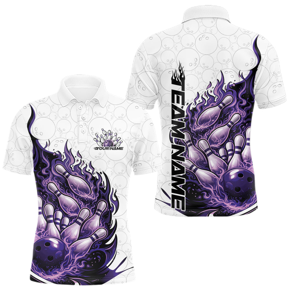 Front and back mens bowling polo mockup in white, blue, and purple featuring a flaming bowling ball crashing through pins.