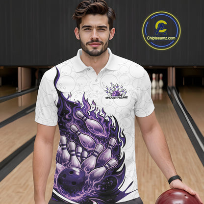 Front view of a male model wearing a white, blue, and purple bowling polo with fiery bowling-themed artwork in a bowling center.