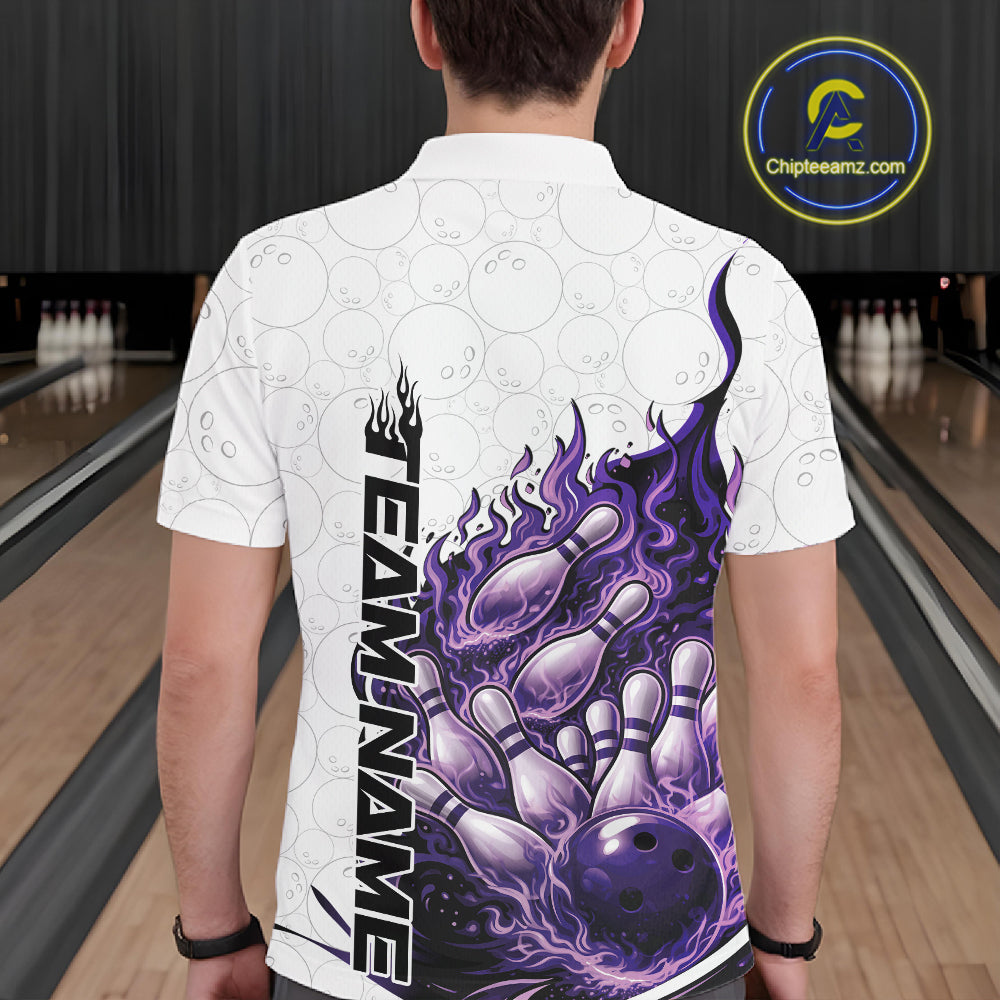 Back view of a white, blue, and purple bowling polo displaying dynamic flaming bowling ball graphics.