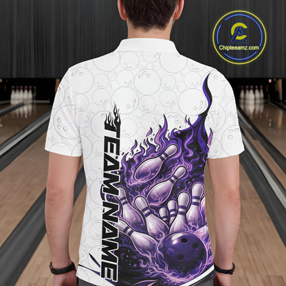 Back view of a white, blue, and purple bowling polo displaying dynamic flaming bowling ball graphics.