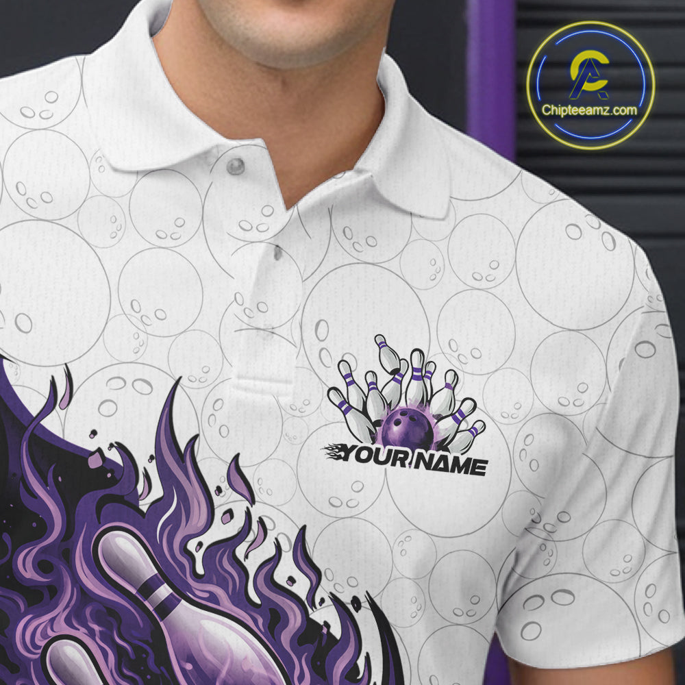 Detailed left chest view of a white, blue, and purple bowling polo with bowling strike artwork and flame accents.