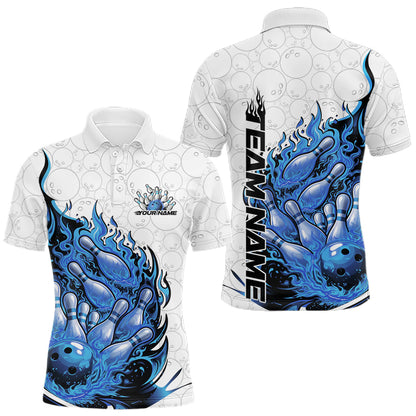 Front and back views of a mens white and blue bowling polo mockup with flaming bowling ball artwork crashing into pins.