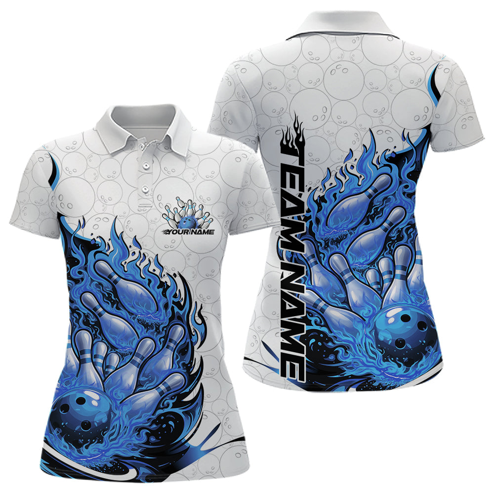 Front and back view women’s polo shirt mockup featuring flaming bowling ball crashing into pins fiery style design on white and blue fabric