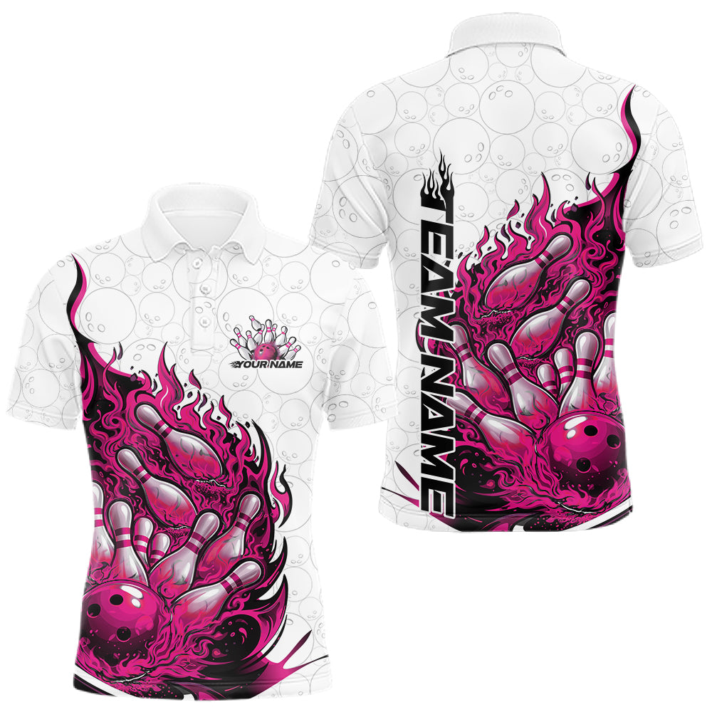 Front and back mens bowling polo mockup in white and pink featuring a flaming bowling ball crashing into bowling pins with fiery style graphics.