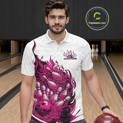 Male model wearing a white and pink bowling polo in a bowling lane featuring a flaming bowling ball crashing into pins with fiery artwork.