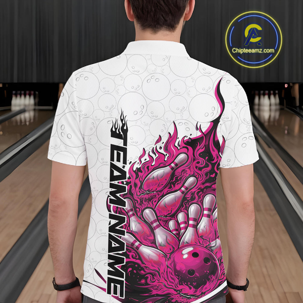 Back view of a male model in a white and pink bowling polo displaying bold flaming bowling ball and pin graphics.