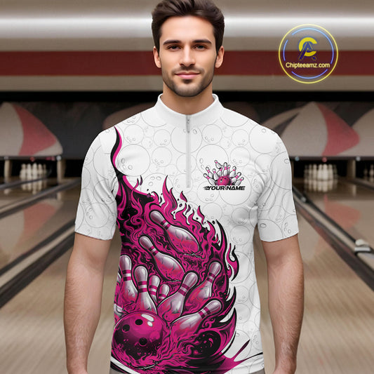 Male model in bowling lane wearing quarter-zip shirt with flaming bowling ball crashing pins white blue dynamic sports artwork