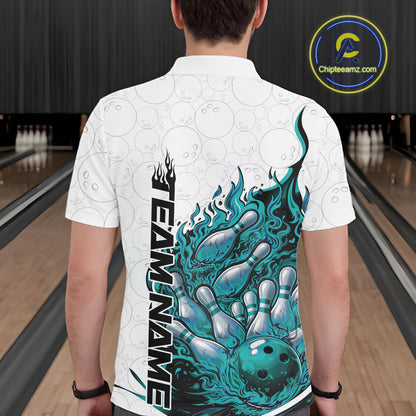 Back view of a white and turquoise blue bowling polo displaying a flaming bowling strike illustration.
