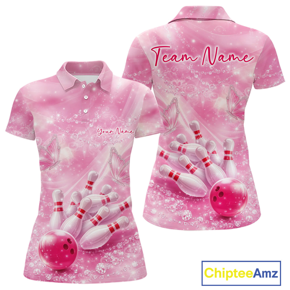 Front and back view of a women’s polo shirt featuring flaming bowling ball crashing into pins blue fire theme artwork