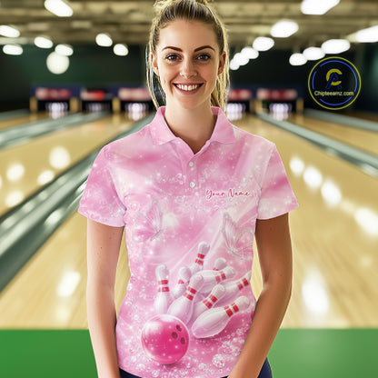 Female model in bowling lane wearing polo shirt with flaming bowling ball striking pins blue dynamic fire design