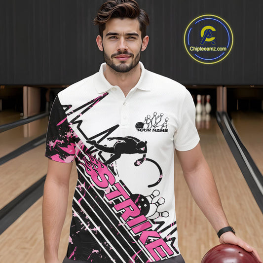 Custom Black And Pink Camo Strike Bowling Polo Shirt For Men, Bowling Heartbeat Pulse Line IPHW9250