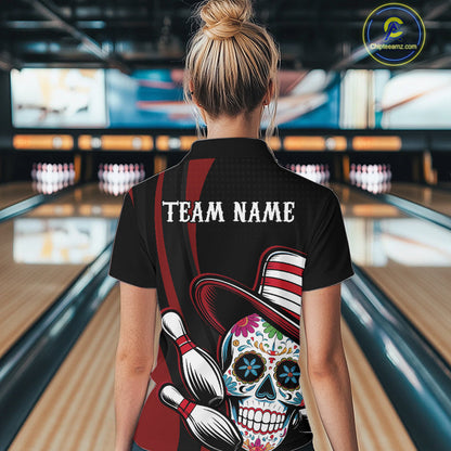 Custom Black And Red Sugar Skull Bowling Women Quarter-Zip Shirt, Bowling League Shirt IPHW9256