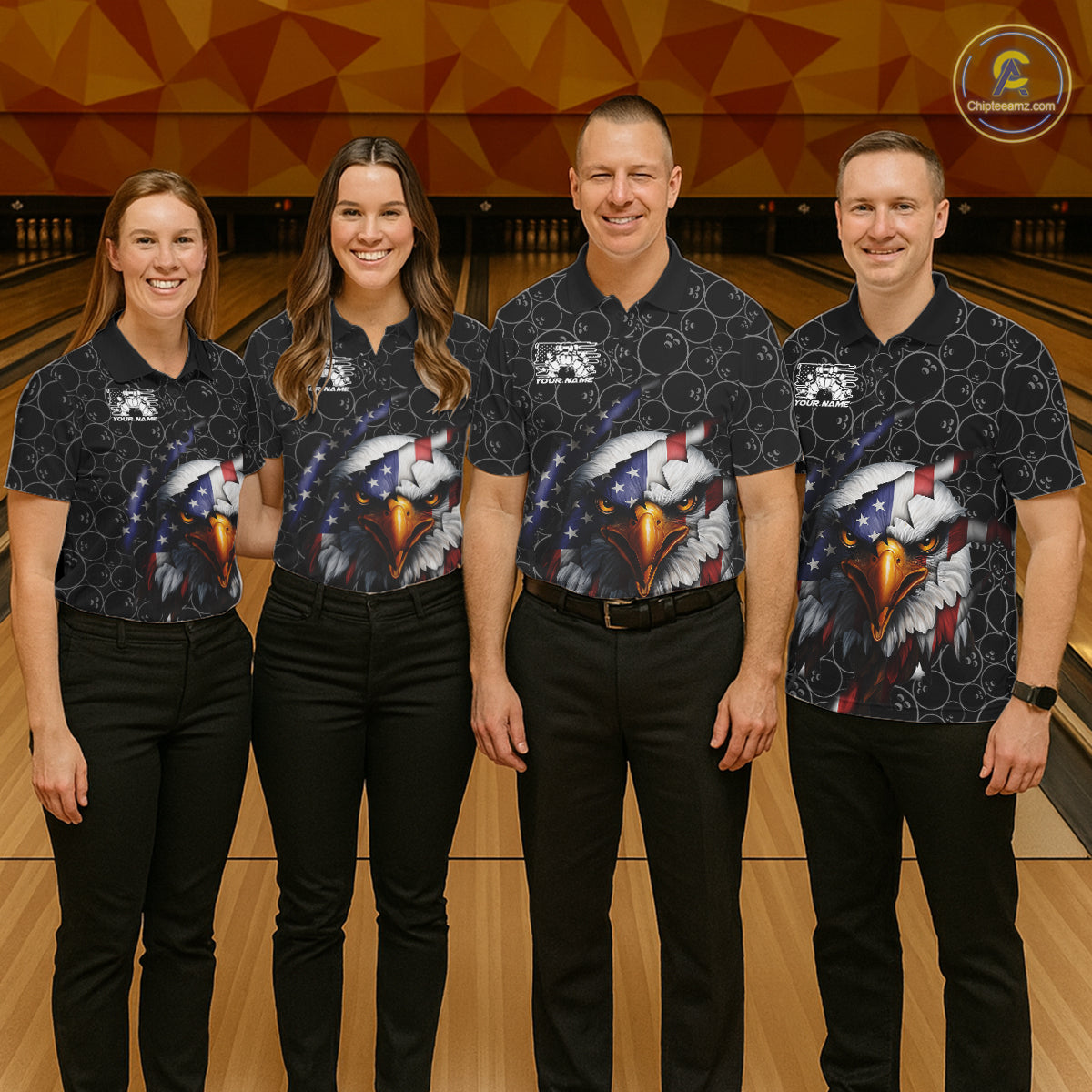 Custom Patriotic Eagle Men Bowling Team Shirt, US Flag Eagle Bowling League Shirt IPHW10191