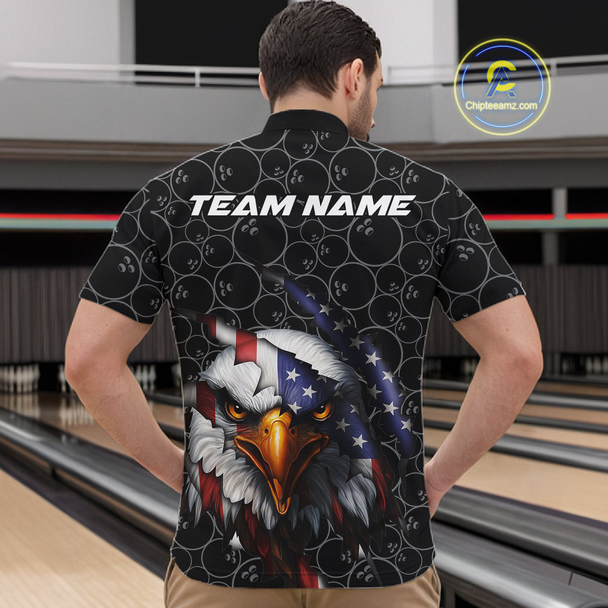 Custom Patriotic Eagle Men Bowling Team Shirt, US Flag Eagle Bowling League Shirt IPHW10191