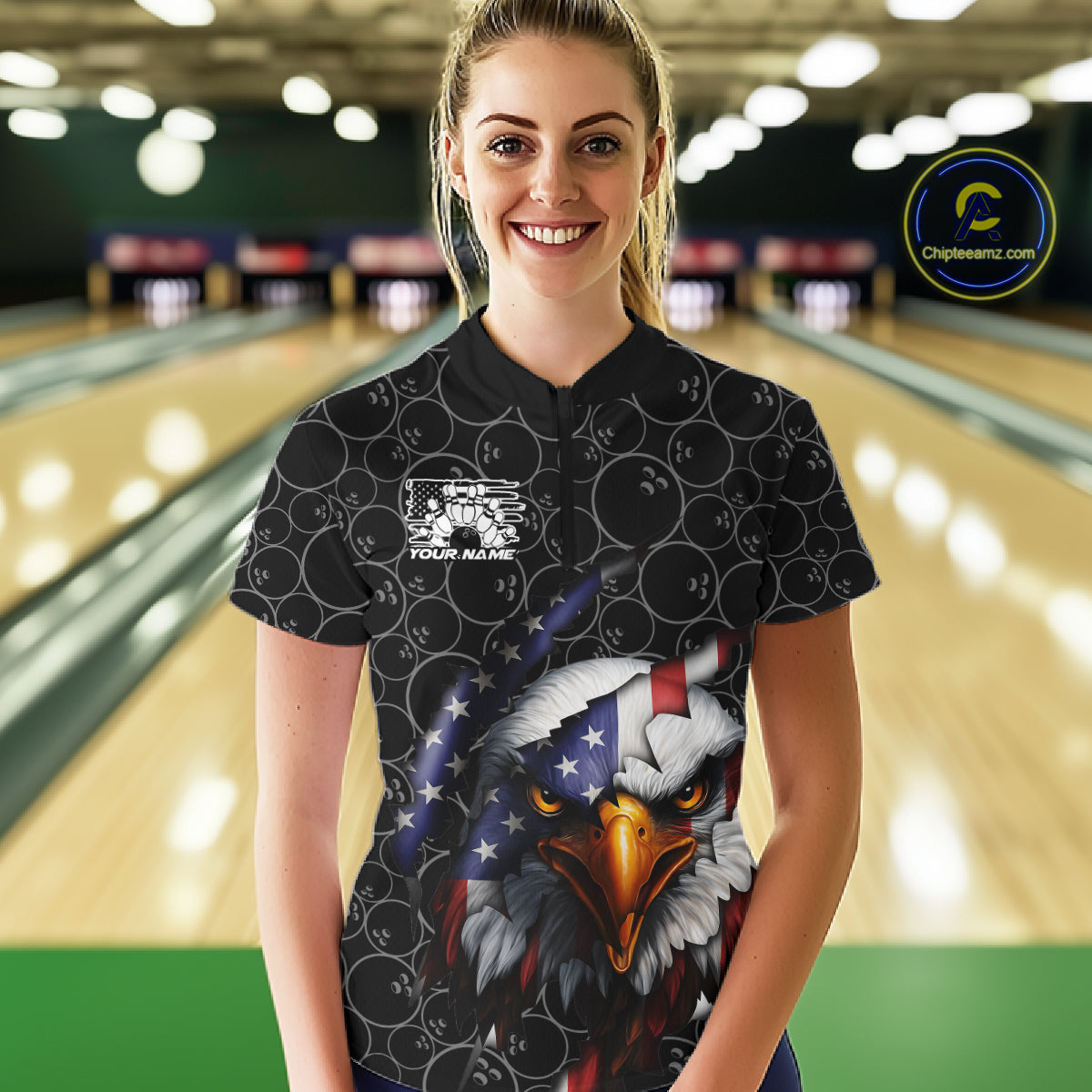 Custom Patriotic Eagle Women Bowling Team Shirt, US Flag Eagle Bowling League Shirt IPHW10191