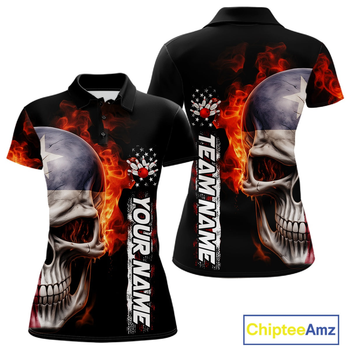 Custom Flame Skull American Texas Flag Women Bowling Team Shirt, Patriotic Bowling Jerseys IPHW10635