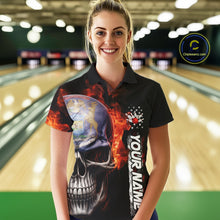 Load image into Gallery viewer, Custom Flame Skull American Michigan Flag Women Bowling Team Shirt, Patriotic Bowling Jersey IPHW10636