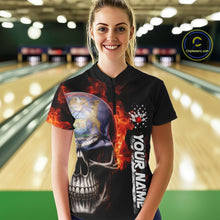 Load image into Gallery viewer, Custom Flame Skull American Michigan Flag Women Bowling Shirt, Patriotic Bowling Jersey IPHW10636