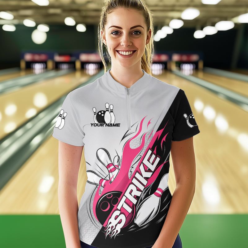 Custom Pink Flame Strike Bowling Women Quarter-Zip Shirt, Team Uniform Bowling League Shirt IPHW8778